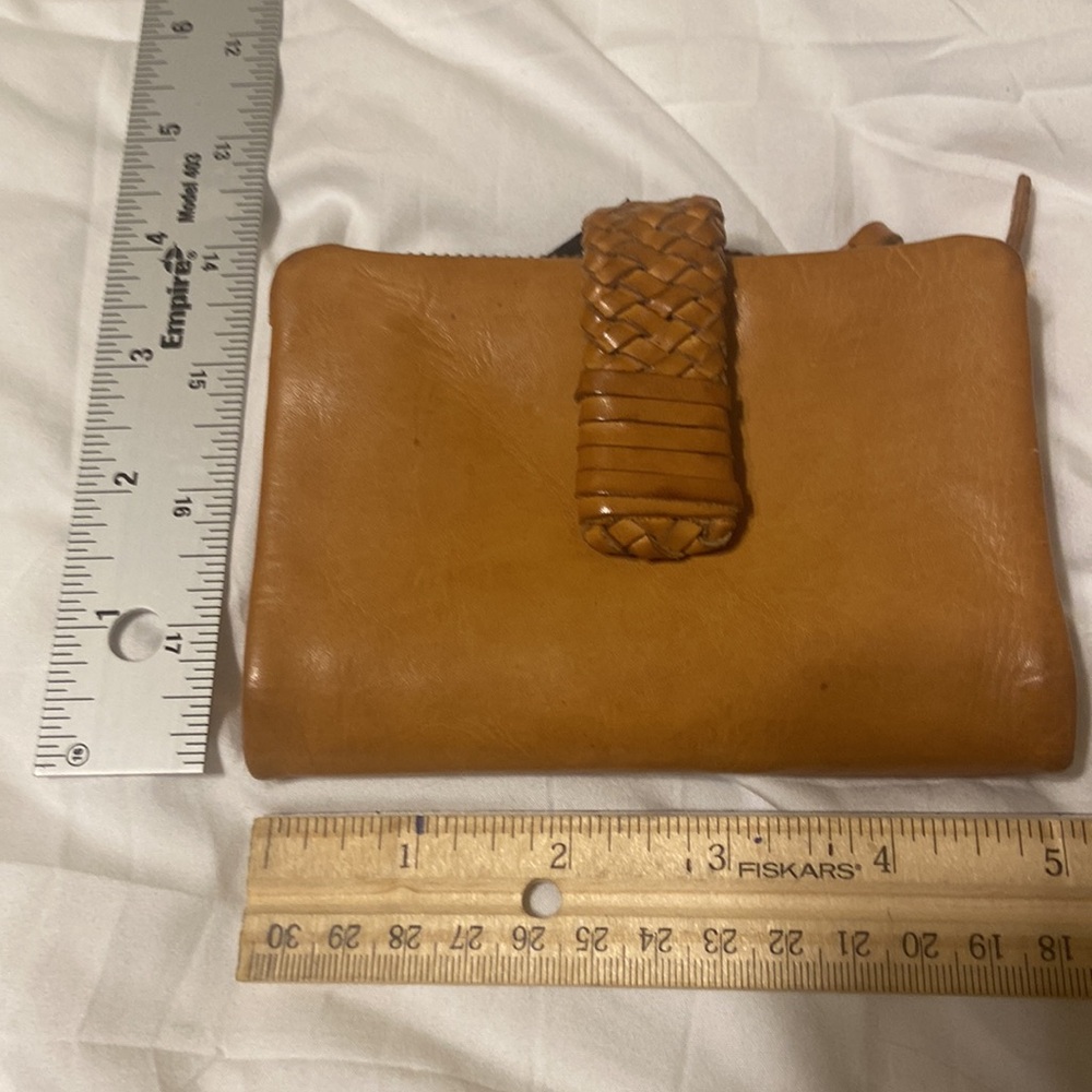 Genuine Leather Cognac Clutch Wallet Woven Detail Boho Made in India - Picture 7 of 8